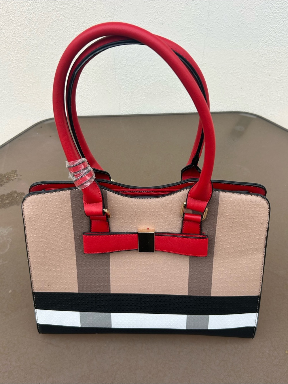 Deluxity Plaid Top-Handle Satchel Bag and Wallet Set – Tan/Red/Black